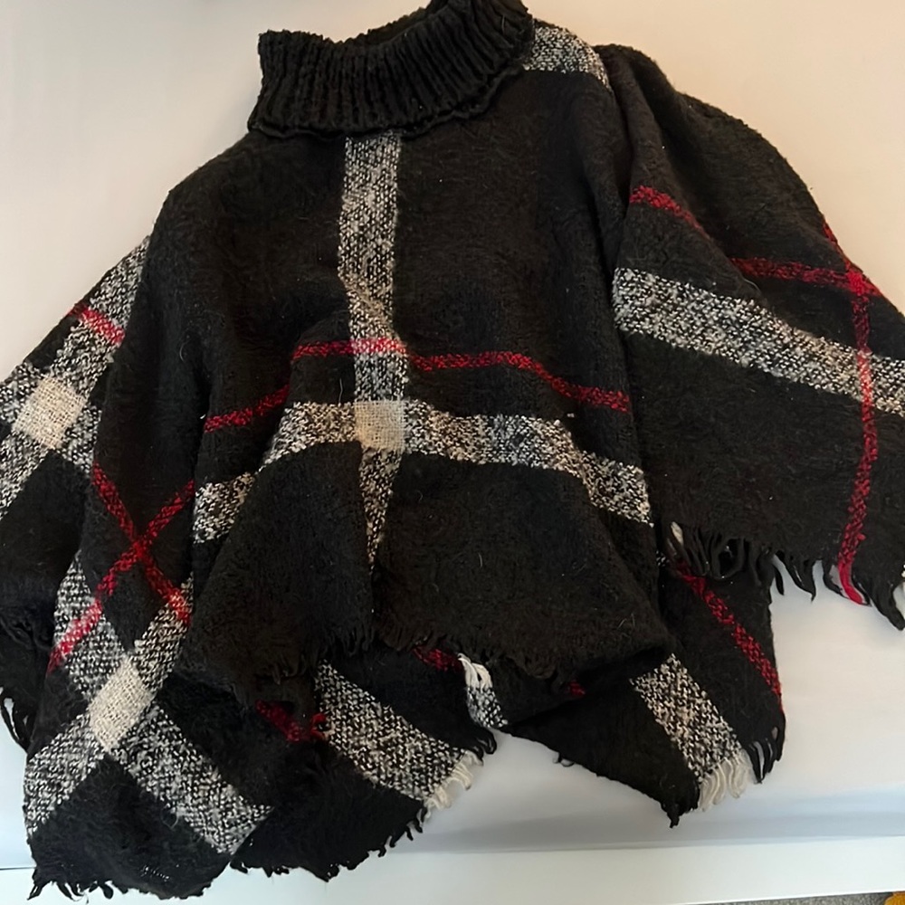 Black white and red poncho sweater with turtleneck. SHEIN “One size fits all”